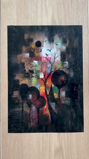 Trees abstract painting on colorful background in oil pastel & dreamy art demonstration