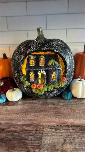 Handmade Happy Hour on Instagram: "Craft a Dollar Tree dollhouse into a spooky Pumpkin Diorama! I’m doing napkin decoupage with Mod Podge on the outside of the pumpkin with Halloween napkins. This is such a fun DIY Decor idea for Halloween! #crafts #halloweendiy #halloweendecor #dollartree"