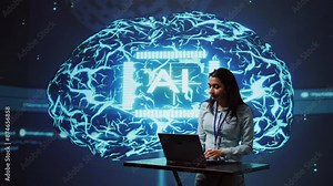 Technician in high tech workspace managing call center tasks, speaking into headset while doing monitoring with laptop. AI company employee talking with clients through headphones mic, camera B