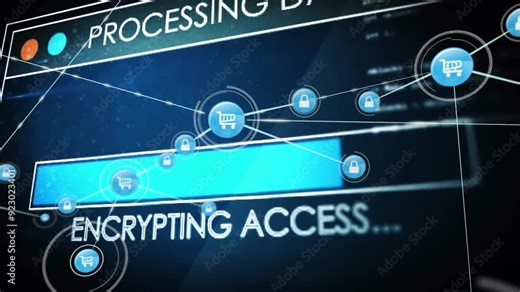 Processing data, discovering database animation over digital shopping icons and locks
