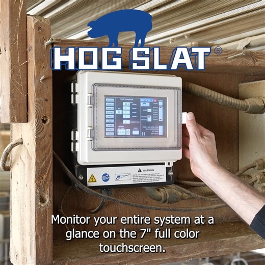 Monitor your entire system at a glance on the 7-inch full-color touchscreen on the Hog Slat VC-1000 Series Ventilation Controller. Navigate effortlessly through our icon-based menu system, available in both English and Spanish, making operation simple for your entire team. https://bit.ly/4iWQBpb | Hog Slat, Inc.