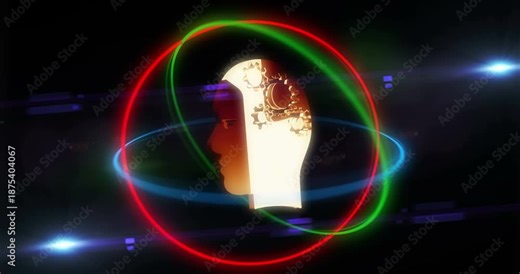 Artificial intelligence Ai head golden metal symbol in rotating neon 3d circles looped and seamless animation