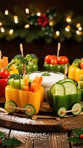 This isn’t just a veggie platter — it’s a holiday parade on a plate. Bright bell pepper trains roll in a perfect circle, loaded with crisp carrots, broccoli, and celery, all headed straight for a creamy dip at the center. Every detail feels playful and festive, turning simple vegetables into something that instantly makes people smile. Fresh, colorful, and fun to grab, it’s the kind of centerpiece that disappears fast because everyone wants a ticket for the first bite. | Kitchen plate