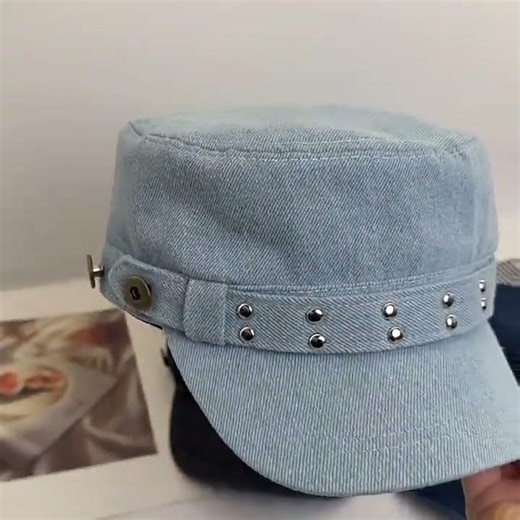 Vintage Washed Denim Rivet Flat Top Cap