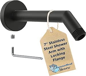HammerHead Showers® Solid Metal 7 Inch Shower Arm and Flange with Set Screw, Matte Black | Wall Elbow Pipe and Cover Plate | Universal Replacement Part for Showerheads