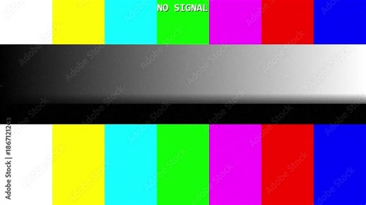 classic television color bars test pattern with signal loss glitch, analog static noise and broadcast interruption loop