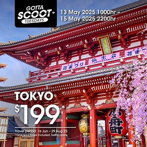 Celebrate SG60 with our special #GottaScootTuesdays deals for the next 60 hours! From $70*, scoot to 60 destinations such as Qingdao, Taipei, Phu Quoc, Haikou, Tokyo, Malacca, Langkawi and more. Psst...these fares will last till 15 May, 2200h.​ Book now: https://bit.ly/GottaScootTues_SG60 ​*One-way, taxes included. Terms and travel periods apply. | FlyScoot