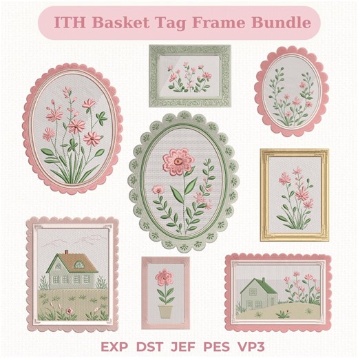 ITH Tag Basket Frame Embroidery Bundle, Vintage Floral Frame Embroidery Designs, Cottagecore Flower Hoop Art Machine Embroidery - Etsy