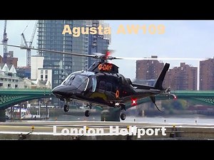 Agusta AW109 helicopter landing, engine start and takeoff London Heliport