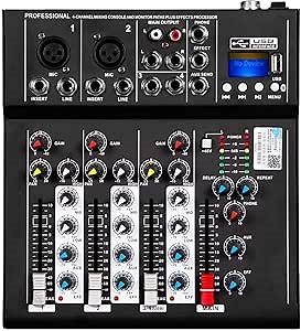 Depusheng HT4 Bluetooth Compatible Professional Portable Digital DJ Console w/USB 4 Channel Mixer Audio Interface-Mixing Boards For Studio Recording,Black