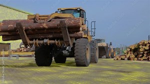 Modern technology at the sawmill. Modern sawmill yard. The concept of a modern sawmill. Tractor carries logs through the territory of the sawmill.