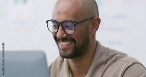 Laptop, programmer and glasses with man in office for coding, cyber security and cloud computing. Programming, code and nerd with male developer in digital agency for technology and it solution