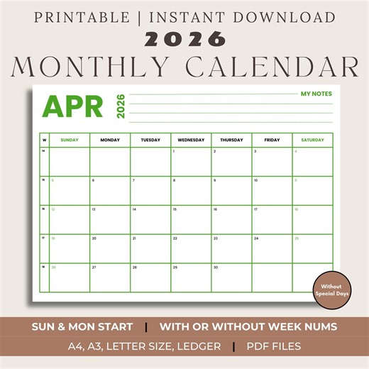Minimalist 2026 Monthly Printable Colourful Calendar, Monday/sunday Start, With Optional Week Numbers, Instant Download PDF - Etsy