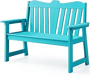 ONBRILL Outdoor Bench, 2-Person Weatherproof Garden Bench with Wide Armrests and Backrest, All-Weather Patio Bench Will not Rot and Fade for Garden, Porch, Backyard and Park, Easy Installation, Blue