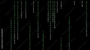 Green rain random text background. Random text moving in vertical.