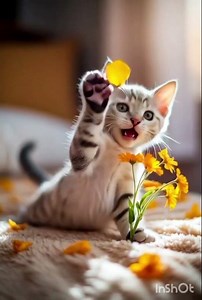 Cat playing with flowers