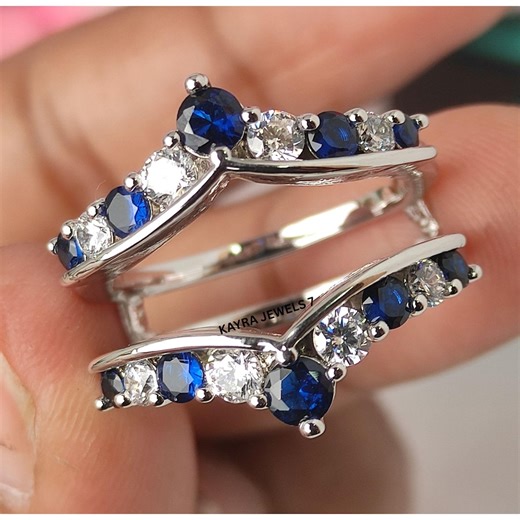 Blue Sapphire & Diamond Ring Enhancer 925 Sterling Silver Wedding and Engagement Ring Guard September Birthstone Rings Jacket Gift for Her - Etsy