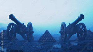 Endless looping animation of vintage cannons in a fog ready to shoot during war