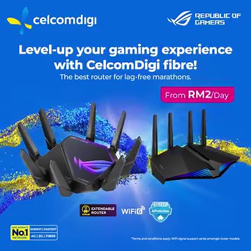 6.1K views · 23 reactions | You’re one step closer to next-level gaming with the all-new ROG Rapture GT-AXE16000 & ASUS RT-AX82U gaming router.  From only RM2/day on CelcomDigi fibre 300Mbps, reimagine your gaming experience with ULTRA-FAST Internet & triple-level acceleration!  Get yours now at https://cd.link/ROGGamingRouter | CelcomDigi | Facebook