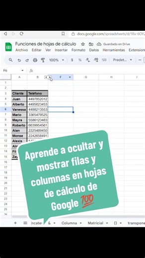 Oculta y muestra columnas y filas en Google Sheets