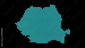 Romania digital map. Map of Romania in dotted style. Shape of the country filled with rectangles. Authentic video.