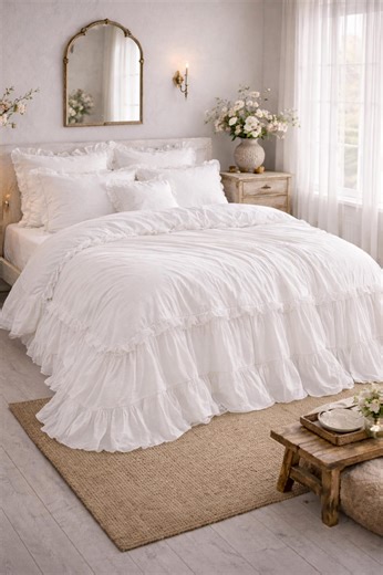 Ruffled Linen Duvet Cover Set, Soft Washed Linen Bedding, Farmhouse Bedding Set, Queen King White Linen Comforter Cover - Etsy