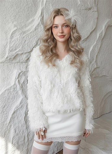 White Fluffy V-neck Sweater, Soft Eyelash Knit Pullover, Bridal Cover Up, Coquette Aesthetic Jumper, Textured Winter Top, Shaggy Fur Look - Etsy