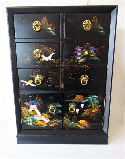 Vintage Japanese Lacquer Jewelry Music Box, Temples in the Clouds With Cranes Motif, Late 1940's - Etsy
