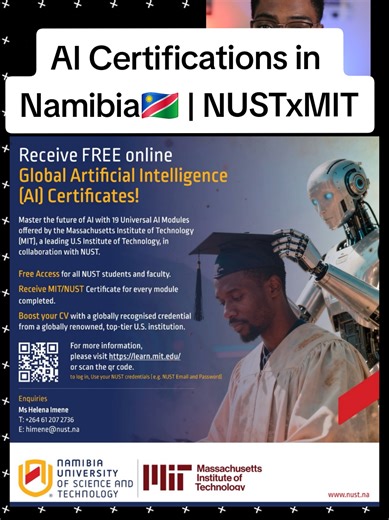 🚀 NUST x MIT AI Platform is LIVE! The NUST/MIT Universal Artificial Intelligence (UAI) Project platform is now available to all students and staff! 🌍🤖 Gain world-class AI skills from MIT, for FREE. 🔹 Visit: https://learn.mit.edu/ 🔹 Log in with your NUST email 🔹 Enrol in your preferred AI modules 🔹 Earn a certificate upon completion This is your chance to grow, upskill, and lead in the digital age. Don’t miss out! 💡✨ #certificates #mit #nust #namibia #aicertification