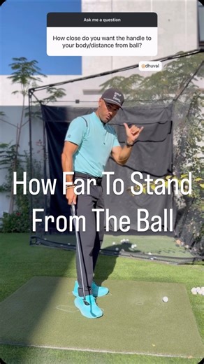 Alex Riggs on Instagram: "The best way to stand the correct distance away from the ball. Make the 🤙 symbol, and get your pinky on the butt end of the grip and your thumb on your belt buckle. The approach the ball with the pressure in the balls of your feet. Boom. Done. Works for every club. #golf #riggsgolf #golfcoach #golfswing #dubai"