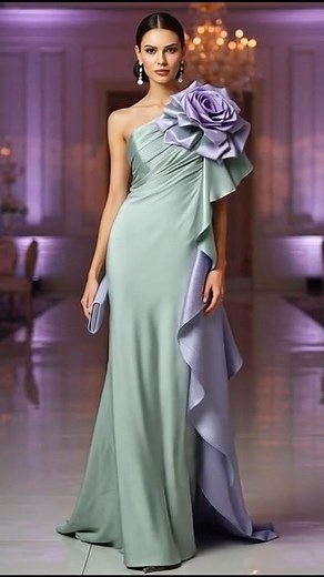 Elegant Sage Green One-Shoulder Evening Gown with Statement Floral Detail