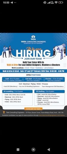 Tata company Job #civilengineering #electrical #hvac #piping #autocad #3dmodeling #jobs #vacancy