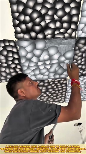 Skilled Worker Applying Decorative Ceiling Texture for Stone-Effect Finish #workprocess