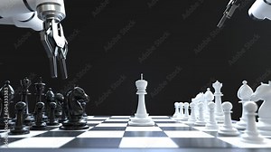 Robot arm playing chess, business strategy concept