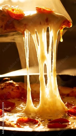 Extreme close-up of hot pizza slice being pulled, creating a dramatic, stringy, gooey cheese pull effect with melting mozzarella and rising steam in w