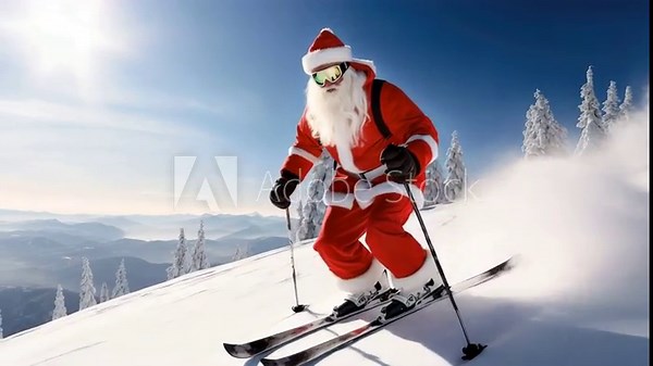 Santa Claus in vibrant red suit skiing down a snowy slope, showcasing dynamic movement and festive spirit, camera follows action with smooth dolly motion