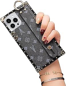 Rectangle Designer Luxury Case for iPhone 15 pro max Leather with Wristband Strap Hand Holder Ring Kickstand Silicone Shockproof Protective Bumper Trunk Box for Women Girls Black