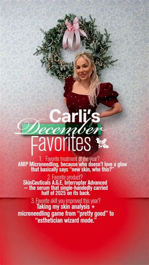 Higher Level Skin + Beauty on Instagram: "✨ Carli’s December Favorites ✨ @sculptedbycarli 💁🏼‍♀️💆🏼‍♀️ ✔️ Favorite treatment of the year: VAMP Microneedling (PDRN) — because who doesn’t love a glow that screams “new skin, who this?” ✨ ✔️ Favorite product: SkinCeuticals A.G.E. Interrupter Advanced — the serum that basically carried half of 2025 on its back 👏 ✔️ Favorite skill leveled up: Taking skin analysis + microneedling from pretty good to esthetician wizard mode 🧙🏼‍♀️✨ We love celebrati