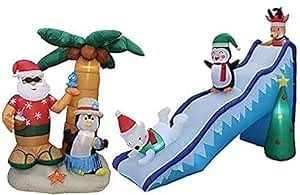 Two Christmas Party Decorations Bundle, Includes 7 Foot Inflatable Santa Claus and Penguin on an Island with Palm Tree, and 9 Foot Long Inflatable Penguin Reindeer Polar Bear Christmas Tree Slide
