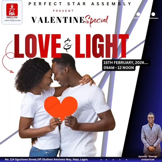 Oyedotun Gbenga on Instagram: "SUNDAY "Valentine" SERVICE 15-02-2026 LASTING LOVE is a love lighted by Jesus!!!!!! Join on Sunday for this special service to shine forth the LIGHT OF JESUS on your LOVE LIFE @perfectstarassembly #2026 #harpazo #valentine #love #Jesus"