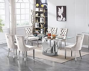 7 Piece Dining Table Set, Modern Glass Dining Table Set for 6 with Velvet Chairs, 70" Luxury Dining Table Chairs Set of 6, Kitchen Dining Room Sets for Dinner Dinette Breakfast Banquet, Beige+Silver