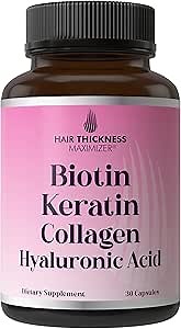 Biotin + Keratin + Marine Collagen + Hyaluronic Acid, 4-in-1 Hair Growth Vitamins with 10000mcg Biotin Capsules, Thickening Complex for Women & Men with Hair Thinning