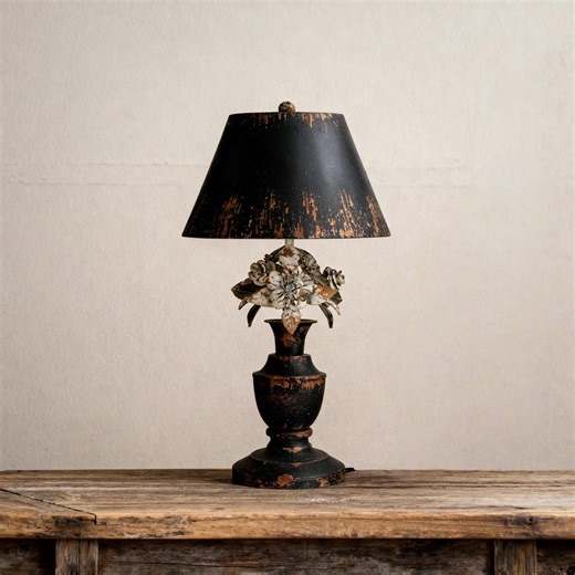Vintage French Country Table Lamp: Black Distressed Floral, Rustic Farmhouse Lighting - Etsy