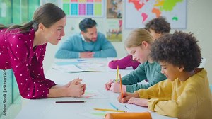 Female student putting hand up to answer question in classroom lesson - shot in slow motion