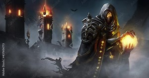 The sinister skeleton lich forms a sphere of fire in his hands, his eyes glowing with magic, behind him, the magic towers fire a volley into the night sky. 2d animated clean looped illustration