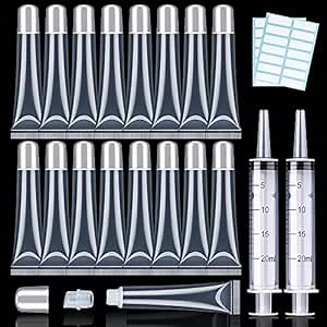 50PCS Silver Cap Lip Gloss Containers - Refillable Cosmetic Squeeze Tubes + 2 x 20ml Syringes & Labels for DIY Lip Gloss Base