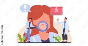 Dermatology research concept. Moving banner with dermatologists with magnifying glass. Skin care and treatment of derma diseases. Acne and pimples at face. Cartoon flat animated graphics