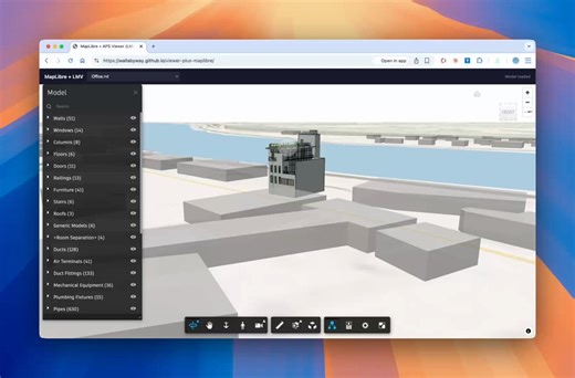 Autodesk APS Viewer + MapLibre GL JS sharing one WebGL canvas/depth buffer. Revit models geo-pinned & camera-synced on open maps—not glTF/iframe. Terrain, vectors, 3D buildings.