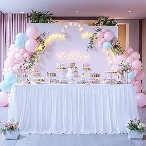 HB HBB MAGIC White Table Cloth Rectangle Fitted Elastic Stretch Table Covers for 6 Foot Tables, White Tulle Table Skirt Rectangle Tables 6ft Banquet Party Wedding Table Cloths