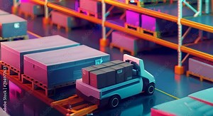 Depiction of a robotic forklift using machine learning to optimize the storage of diverse goods,
